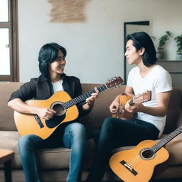 Two handsome Asian men are engaged in a conversation in a living room