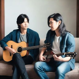 Two handsome Asian men are engaged in a conversation in a living room