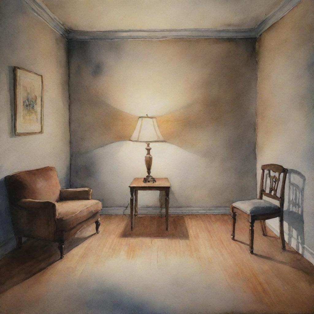 A watercolor painting showcasing an empty room under dim lighting, accentuating a single chair and a standing lamp