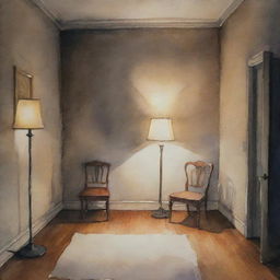 A watercolor painting showcasing an empty room under dim lighting, accentuating a single chair and a standing lamp