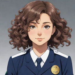 Attractive teenage girl in My Hero Academia anime style with curly brown hair, gray eyes, tanned skin, wearing the UA uniform.