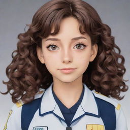 Attractive teenage girl in My Hero Academia anime style with curly brown hair, gray eyes, tanned skin, wearing the UA uniform.