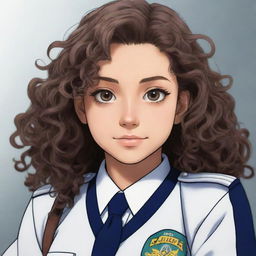 Attractive teenage girl in My Hero Academia anime style with curly brown hair, gray eyes, tanned skin, wearing the UA uniform.