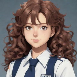 Attractive teenage girl in My Hero Academia anime style with curly brown hair, gray eyes, tanned skin, wearing the UA uniform.