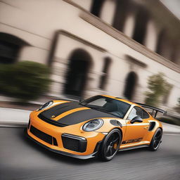 Generate an image of a champagne-colored 911 Turbo GT3RS that has been modified with street parts, a racing stripe, and a modified hood scoop