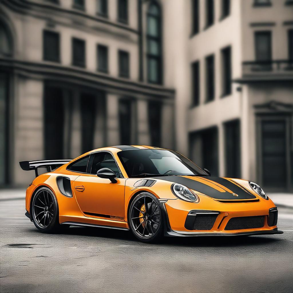 Generate an image of a champagne-colored 911 Turbo GT3RS that has been modified with street parts, a racing stripe, and a modified hood scoop