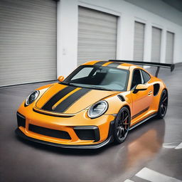 Generate an image of a champagne-colored 911 Turbo GT3RS that has been modified with street parts, a racing stripe, and a modified hood scoop