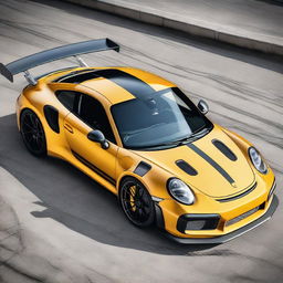 Generate an image of a champagne-colored 911 Turbo GT3RS that has been modified with street parts, a racing stripe, and a modified hood scoop