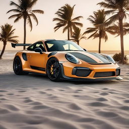 Generate an image of a champagne-colored 911 Turbo GT3RS that has been modified with street parts, a racing stripe, and a modified hood scoop, set against the backdrop of a beach during sunrise