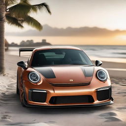 Generate an image of a champagne-colored 911 Turbo GT3RS that has been modified with street parts, a racing stripe, and a modified hood scoop, set against the backdrop of a beach during sunrise