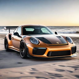 Generate an image of a champagne-colored 911 Turbo GT3RS that has been modified with street parts, a racing stripe, and a modified hood scoop, set against the backdrop of a beach during sunrise