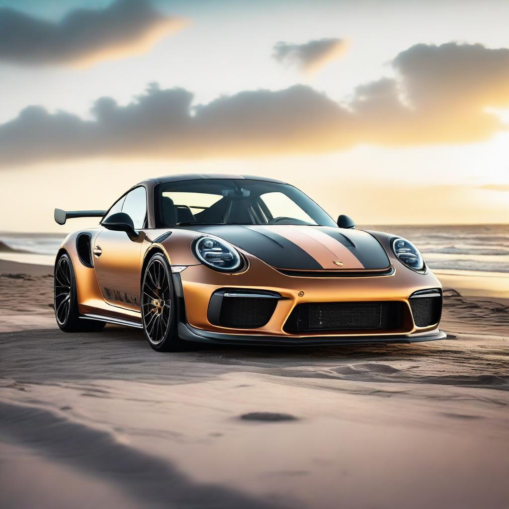 Generate an image of a champagne-colored 911 Turbo GT3RS that has been modified with street parts, a racing stripe, and a modified hood scoop, set against the backdrop of a beach during sunrise