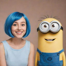 A smiling Kevin minion character with big, round eyes next to a youthful, confident woman with bright blue, short bob hair.