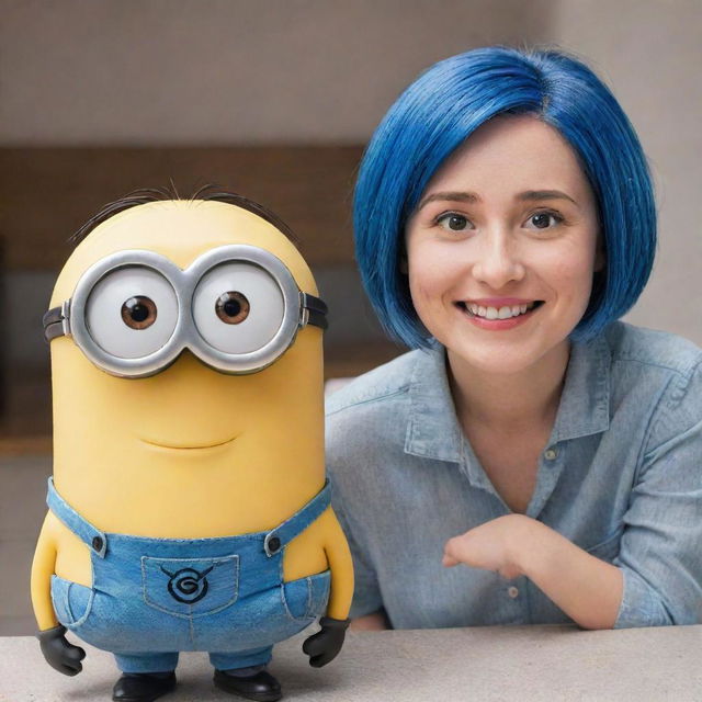 A smiling Kevin minion character with big, round eyes next to a youthful, confident woman with bright blue, short bob hair.