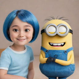 A smiling Kevin minion character with big, round eyes next to a youthful, confident woman with bright blue, short bob hair.