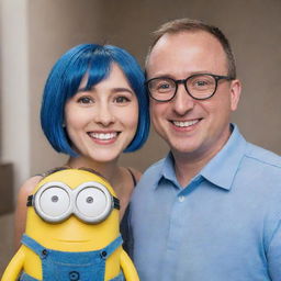 A smiling Kevin minion character with big, round eyes next to a youthful, confident woman with bright blue, short bob hair.