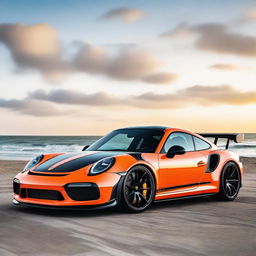 Generate an image of a black 911 Turbo GT3RS that has been modified with street parts, a racing stripe, and a modified hood scoop, set against the backdrop of a beach during sunrise