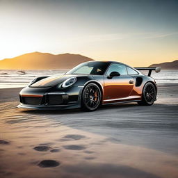 Generate an image of a black 911 Turbo GT3RS that has been modified with street parts, a racing stripe, and a modified hood scoop, set against the backdrop of a beach during sunrise