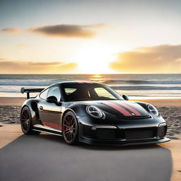 Generate an image of a black 911 Turbo GT3RS that has been modified with street parts, a racing stripe, and a modified hood scoop, set against the backdrop of a beach during sunrise