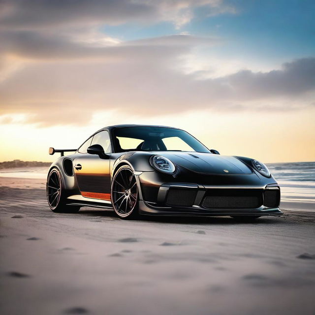 Generate an image of a black 911 Turbo GT3RS that has been modified with street parts, a racing stripe, and a modified hood scoop, set against the backdrop of a beach during sunrise