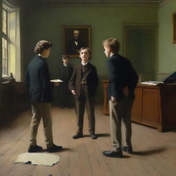 In the center of the composition, the conflict between the boy and Professor Dupont unfolds in a turbulent and exhausting manner