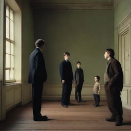 In the center of the composition, the conflict between the boy and Professor Dupont unfolds in a turbulent and exhausting manner