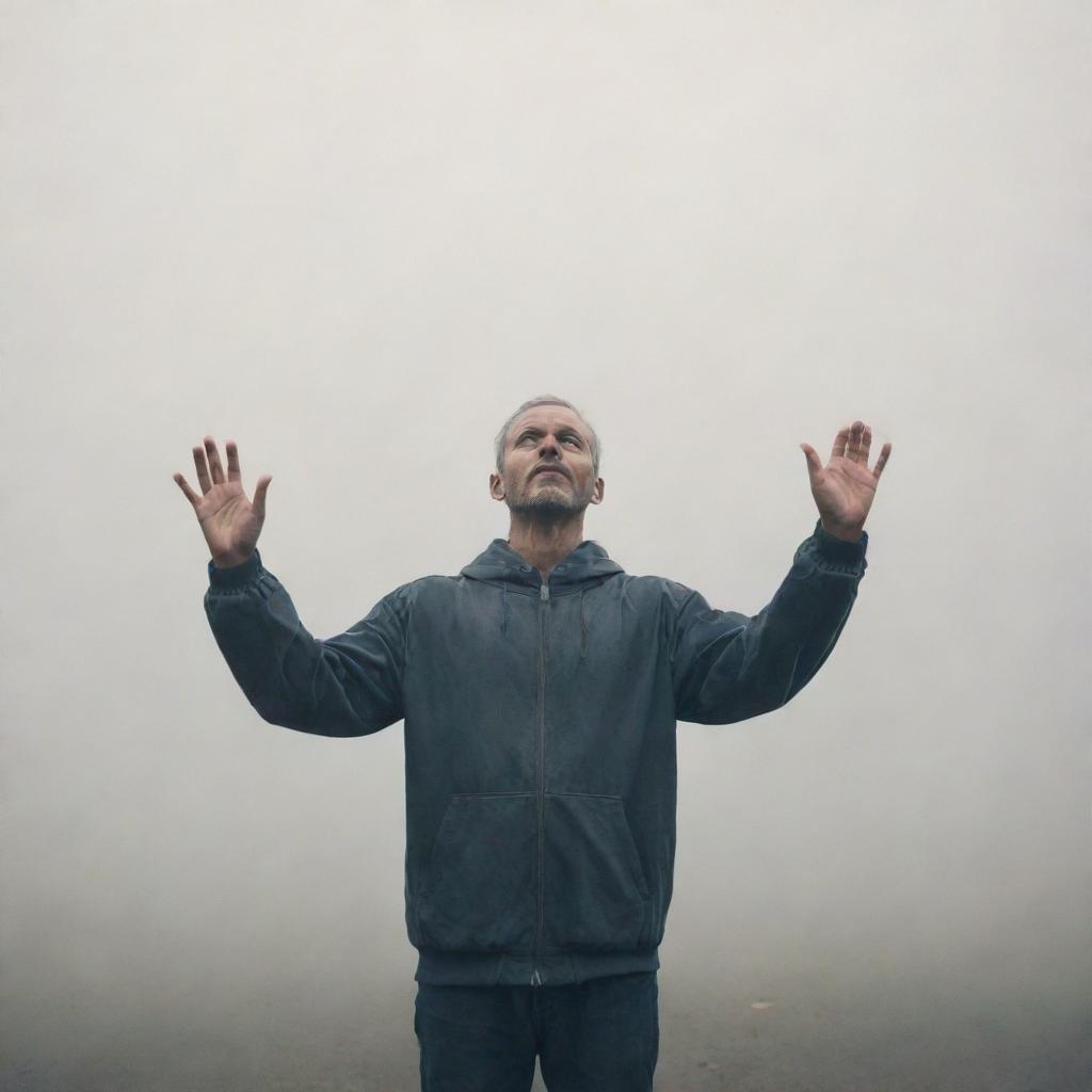 Foggy figure of a man, gesturing with opened hands as if conveying a solemn truth.