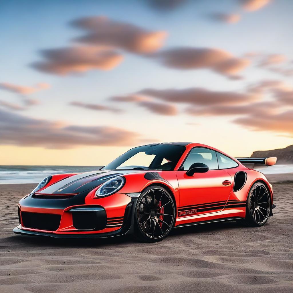 Generate an image of a black and red 911 Turbo GT3RS that has been modified with street parts, including a racing stripe and a modified hood scoop