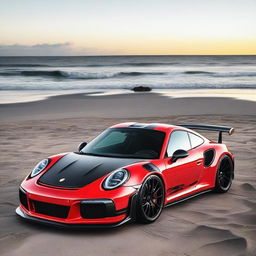 Generate an image of a black and red 911 Turbo GT3RS that has been modified with street parts, including a racing stripe and a modified hood scoop