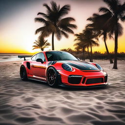 Generate an image of a black and red 911 Turbo GT3RS that has been modified with street parts, including a racing stripe and a modified hood scoop