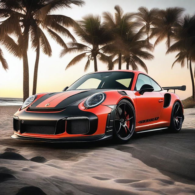 Generate an image of a black and red 911 Turbo GT3RS that has been modified with street parts, including a racing stripe and a modified hood scoop