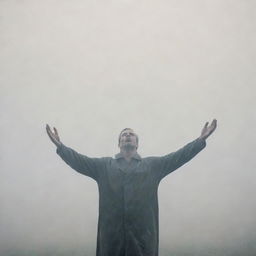 Foggy figure of a man, gesturing with opened hands as if conveying a solemn truth.