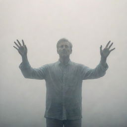 Foggy figure of a man, gesturing with opened hands as if conveying a solemn truth.