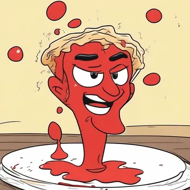 In the cartoon, the character's face turned bright red with a loud smack after being hit with a pie.