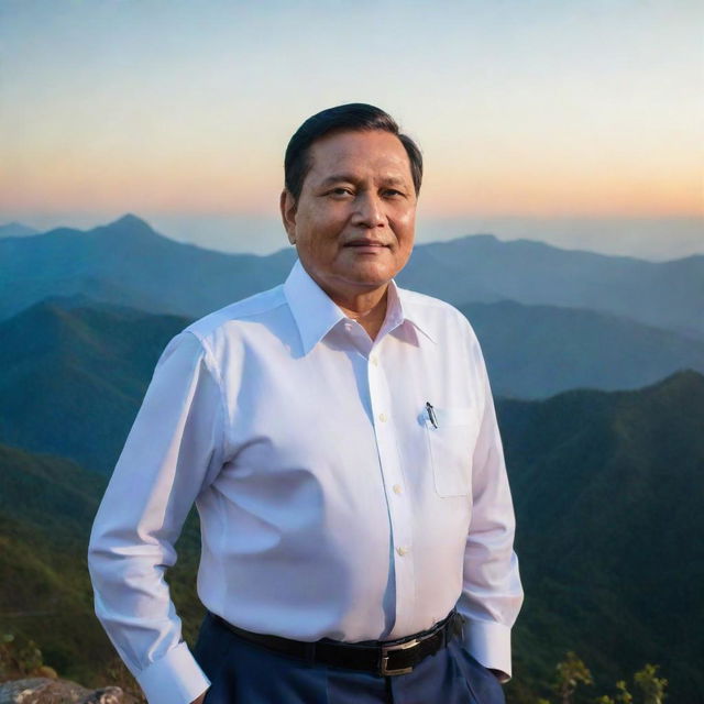 Prabowo Subianto, a distinguished Indonesian political figure, standing on a scenic mountain with a background setting of the sun setting and a clear azure sky.