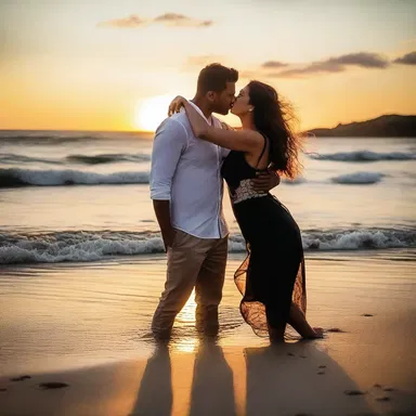 As the sun set on the beach, the couple shared a passionate smack, sealing their love for each other.