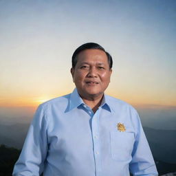 Prabowo Subianto, a distinguished Indonesian political figure, standing on a scenic mountain with a background setting of the sun setting and a clear azure sky.