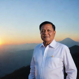 Prabowo Subianto, a distinguished Indonesian political figure, standing on a scenic mountain with a background setting of the sun setting and a clear azure sky.