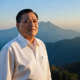 Prabowo Subianto, a distinguished Indonesian political figure, standing on a scenic mountain with a background setting of the sun setting and a clear azure sky.