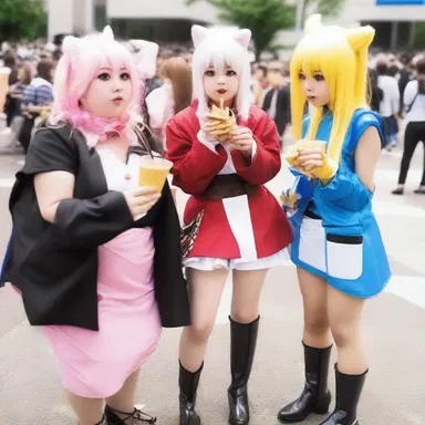 During the anime convention, the cosplayers imitated characters from their favorite shows, often smacking their lips together noisily while eating snacks.