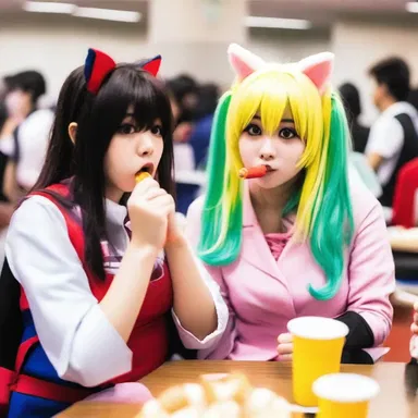 During the anime convention, the cosplayers imitated characters from their favorite shows, often smacking their lips together noisily while eating snacks.