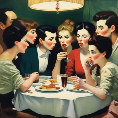The artist's painting portrayed a gathering of people at a party, capturing the moment when they would smack their lips together while eating and conversing.