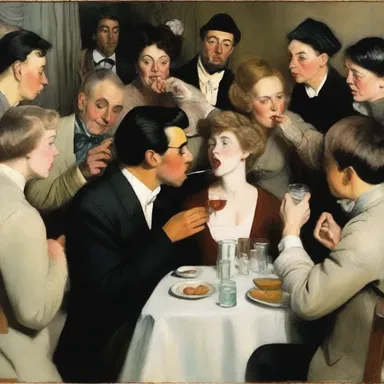 The artist's painting portrayed a gathering of people at a party, capturing the moment when they would smack their lips together while eating and conversing.