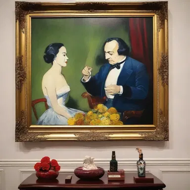 The room was adorned with a portrait of a couple smacking by a famous artist.