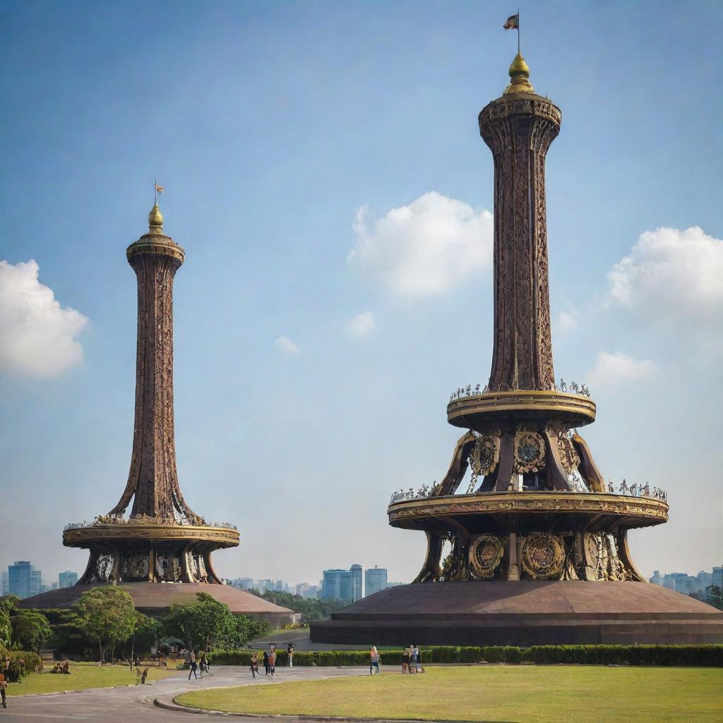 Jakarta's Monas monument transformed into a steampunk spectacle, combining industrial aesthetic with the historic monument's design, using brass and wood accents.