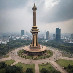 Jakarta's Monas monument transformed into a steampunk spectacle, combining industrial aesthetic with the historic monument's design, using brass and wood accents.