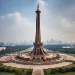 Jakarta's Monas monument transformed into a steampunk spectacle, combining industrial aesthetic with the historic monument's design, using brass and wood accents.