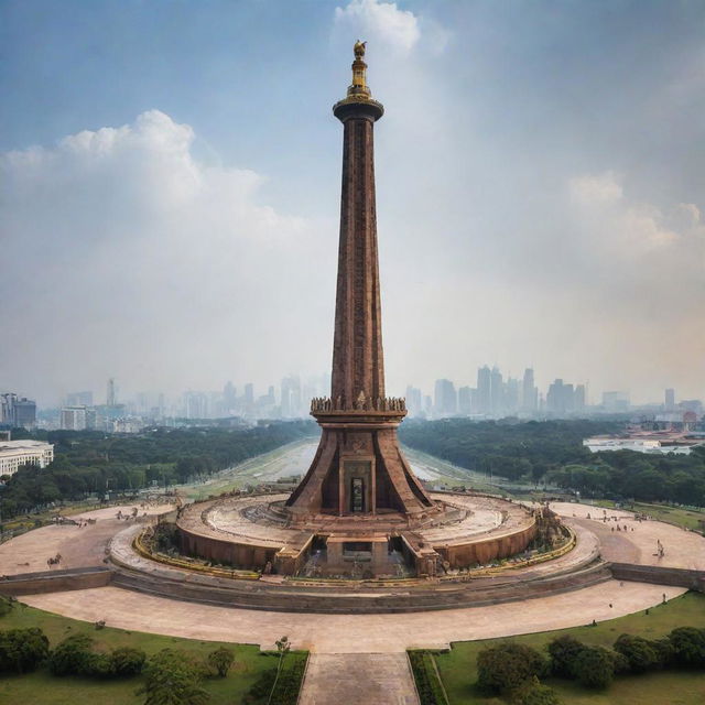 Jakarta's Monas monument transformed into a steampunk spectacle, combining industrial aesthetic with the historic monument's design, using brass and wood accents.