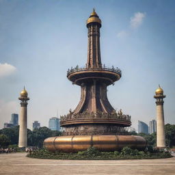 Jakarta's Monas monument transformed into a steampunk spectacle, combining industrial aesthetic with the historic monument's design, using brass and wood accents.