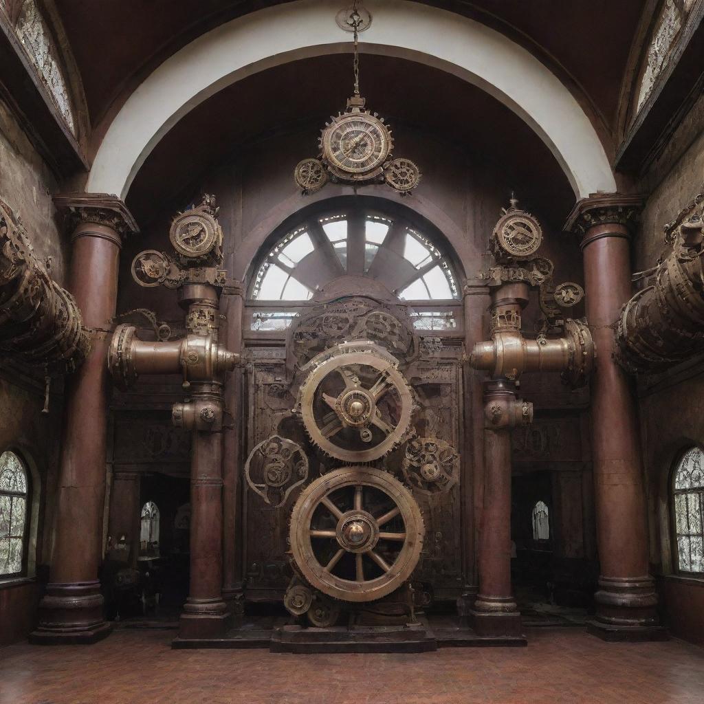 Indonesia's iconic Lawang Sewu reimagined in intricate steampunk style with plenty of gears, brass elements, and dark wood embellishments.